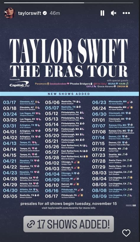 Taylor swift sofi stadium dates - Taylor Swift The Eras Tour Concerts Schedule. March 18 - Glendale, AZ - State Farm Stadium. March 25 - Las Vegas, NV - Allegiant Stadium. April 1 - Arlington, TX - AT&T Stadium. April 2 - Arlington, TX - AT&T Stadium. April 15 - Tampa, FL - Raymond James Stadium. April 22 - Houston, TX - NRG Stadium. April 28 - Atlanta, GA - Mercedes-Benz ...